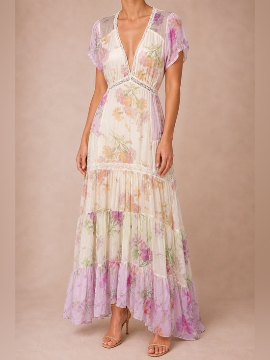 LoveShackFancy Dresses & Skirts - LoveShackFancy Cream Maxi Dress with Lavender Floral Accents
